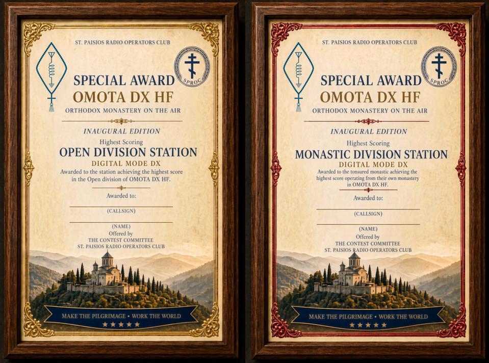 Two framed OMOTA DX HF award plaques — Open Division and Monastic Division, Digital Mode DX